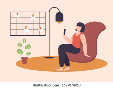 Freelance character working at home, self employed. home office, freedom conceptual vector illustration. Telework character loft workplace with mood board.