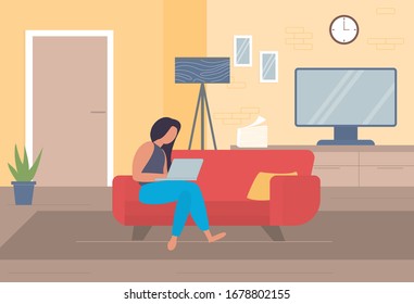 Freelance character working at home, work from home, self employed, home office, work at home, freedom conceptual vector illustration. Telework character. Online wireless business technology.