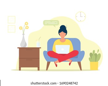 Freelance character working at home, work from home, self employed, home office, work at home, freedom concept vector illustration. Coronavirus outbreak character. Online wireless business technology.