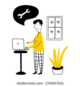 Personaje independiente de un joven trabajando en laptops en casa. Un hombre de pie mientras tecleaba en su laptop. Trabajo desde el concepto de casa. Ilustración vectorial para afiches, banner, sitio web, volante