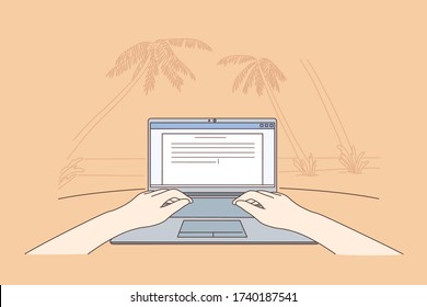 Freelance, coding, remote work, business concept. Human freelancer cartoon chararacter sitting on sea ocean beach and working programming remotely. Summer recreation and online communication on rest.