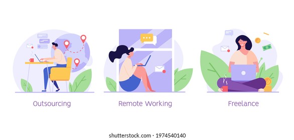 Freelance collection. Freelancer woman working at home. Freelancers in chat. Global outsourcing, remote working and home office. Work chat. Vector illustration for web design