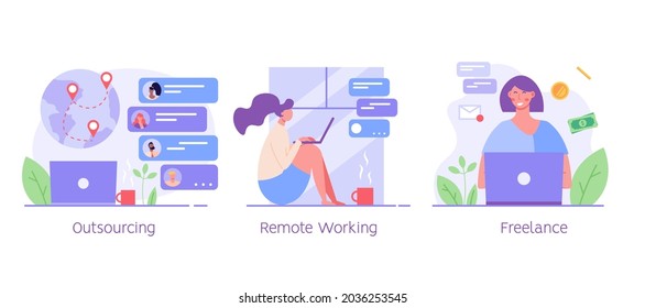 Freelance collection. Freelancer woman working at home. Freelancers in chat. Global outsourcing, remote working and home office. Work chat. Vector illustration for web design