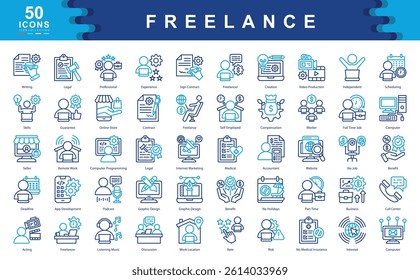 The Freelance color icon set defines key drivers of independent work such as flexibility, skill based income, and contract engagement, ideal for remote platforms, gig economy, and creative industries.