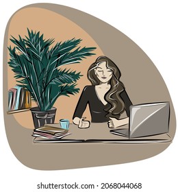 Freelance, computer work. The girl at the table. Home, office. Isolated vector objects.