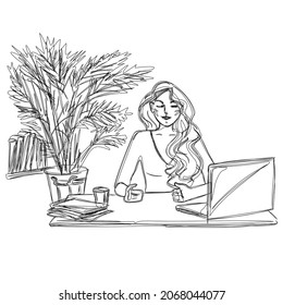 Freelance, computer work. The girl at the table. Home, office. Isolated vector objects.