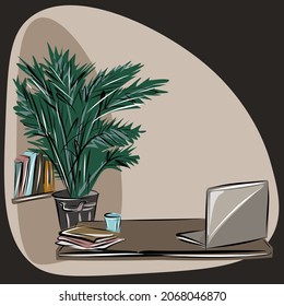 Freelance, computer work. A table, a flower in a pot, books. Home, office. Isolated vector objects.