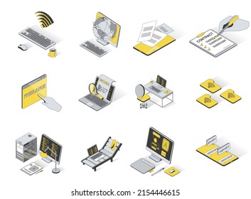 Concepto independiente 3d iconos isométricos establecidos. Empaquetar elementos de wifi, internet, internet global, computadora, documento, contrato, trabajo, búsqueda, lugar de trabajo y otros. Ilustración vectorial en diseño isométrico moderno