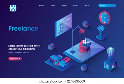 Freelance concept 3d isometric web landing page. People work on laptop remotely, perform work tasks online, analyze data and generate ideas in home office. Vector illustration for web template design