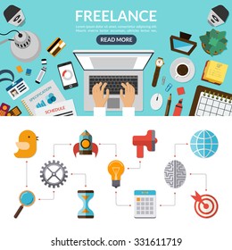 Freelance concept background banner in flat style with set of business marketing icons. Top view on desktop. Vector illustration