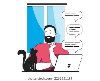 Freelance concept with character situation. Freelancer works at laptop with cat, receives messages from colleagues or customers with brief. Vector illustration with people scene in flat design for web