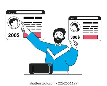 Freelance concept with character situation. Manager chooses best candidate on freelancer site for remote work in company staff team. Vector illustration with people scene in flat design for web