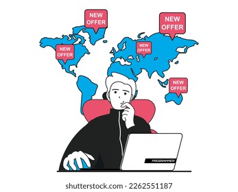 Freelance concept with character situation. Success freelancer gets lot of new offers from customers from all over world, works online. Vector illustration with people scene in flat design for web