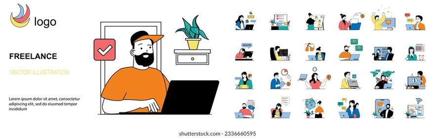 Freelance concept with character situations mega set. Bundle of scenes people organizing workflow at home, making tasks and communicates with colleagues online. Vector illustrations in flat web design