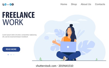 Freelance concept. freelancer remote work girl character working with laptop. vector flat template for web landing