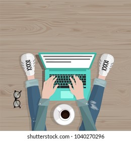 
Freelance concept. Freelancer taping on laptop and sitting on the floor. Top view. 
Place for text. Vector.
