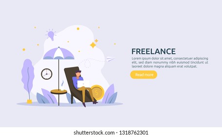 Freelance concept. freelancer teleworking or remote work at home. people character working with laptop. flat template web landing page, banner, presentation, social, print media. Vector illustration