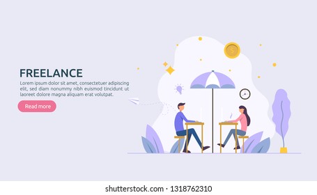 Freelance concept. freelancer teleworking or remote work at home. people character working with laptop. flat template web landing page, banner, presentation, social, print media. Vector illustration