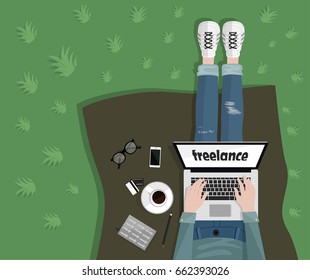 Freelance concept. freelancer typing on laptop work outside. Top view. notebook mobile credit cards glassis. Vector illustration.