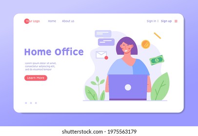 Freelance Concept. Freelancer woman working at home and earning money remotely. Global outsourcing, remote working and home office. Work chat. Vector illustration for web design