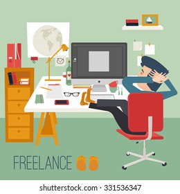 Freelance concept. Freelancer working at home. Vector illustration