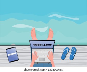 Freelance concept. Freelancer working with laptop near the sea
