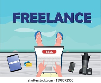 Freelance concept. Freelancer-photographer-stocker working with laptop near the sea