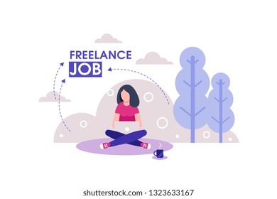 Freelance concept. Girl freelancer on outdoor working with laptop with wireless connection. Landing page vector design template.