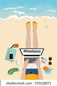 Freelance concept. Girl laying on the beach and typing on laptop. Top view. Hand drawn vector illustration. Workplace with mobile, notebook, camera, pictures and credit cards on beach. Work and rest.