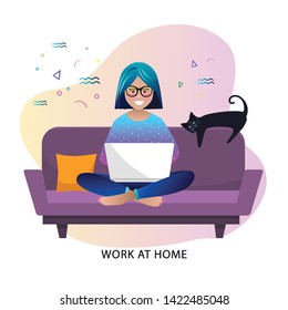 Freelance concept. Happy freelamcer girl working on laptop at home. Stylish vector flat illustration.