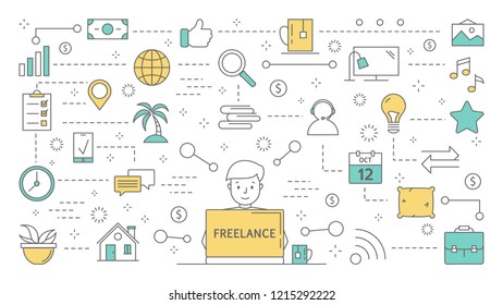 Freelance concept. Idea of working remotely as designer, artist or copywriter. Work online in the internet. Set of colorful line icons. Isolated flat vector illustration