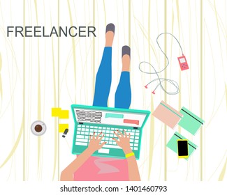 Freelance concept of job at home. Vector of woman working on laptop in comfortable conditions. 