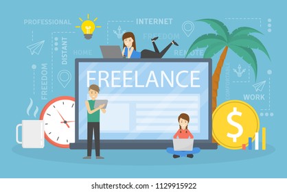 Freelance concept. Little people sitting on the giant laptop computer and working remotely as designers, artists etc. Flat vector illustration on blue background