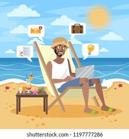 Freelance concept. Man with beard working remotely on the laptop computer through the internet. Working while travelling. Summer vacation on the ocean beach. Vector flat illustration