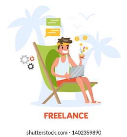 Freelance concept. Man sitting on the chaise lounge and working remotely. Working online as designer, programmer or artist. Vector illustration in cartoon style