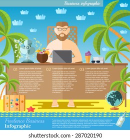 Freelance concept. man work with laptop on the beach. Feel of relax and sunbathe.