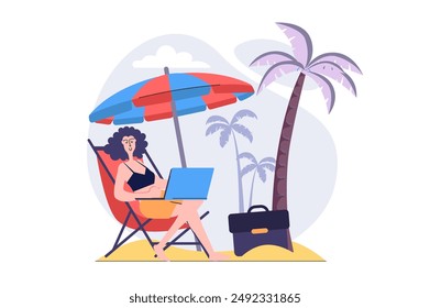 Freelance concept in modern flat design for web. Woman freelancer working online while sitting at armchair at tropical beach resort, doing tasks distantly, relaxing at vacation. Vector illustration.