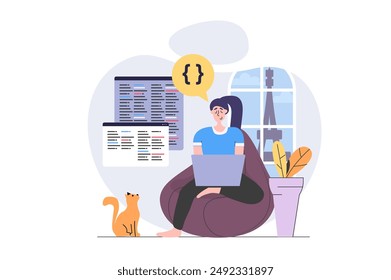 Freelance concept in modern flat design for web. Woman freelancer working online while travelling in new country, doing tasks distantly, engineering and programming in travel. Vector illustration.