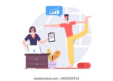 Freelance concept in modern flat design for web. Man freelancer working online while doing yoga training, making distant tasks and analyzing graphs, connecting with manager. Vector illustration.