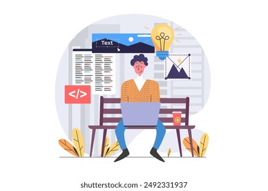 Freelance concept in modern flat design for web. Man freelancer working online and sitting at park bench, brainstorming and programming new product, developing software outdoor. Vector illustration.