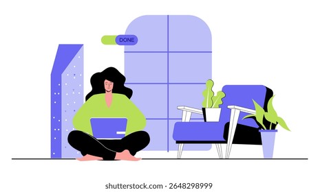 Conceito freelance para web design moderno. Pessoas trabalhando no computador, freelancer fazendo tarefas no escritório doméstico, conectando-se com a equipe online. Ilustração de vetor plano isolada em fundo branco.