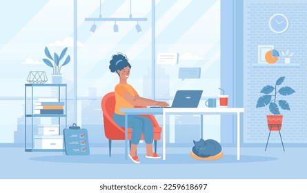 Freelance concept. Online web job, internet worker.Girl works in comfortable environment at home. Flat cartoon vector illustration with people characters for banner, website design or landing web page