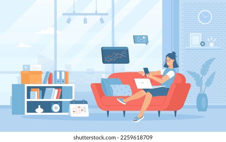 Freelance concept. Online web job, internet worker, employee workplace.Girl working from home couch. Flat cartoon vector illustration with people characters for banner, website design landing web page