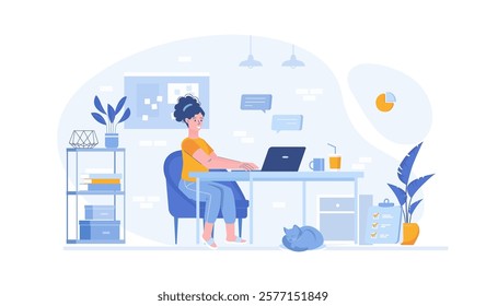 Freelance concept. Online web job, internet worker. Girl works in comfortable environment at home. Vector illustration with characters in flat design for web banner.	
