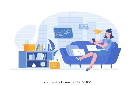 Freelance concept. Online web job, internet worker, employee workplace. Girl working from home couch. Vector illustration with characters in flat design for web banner.	