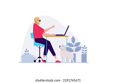 Freelance concept with people scene in the flat cartoon design. Man earns money on the Internet and earns money to support himself and his dog. Vector illustration.