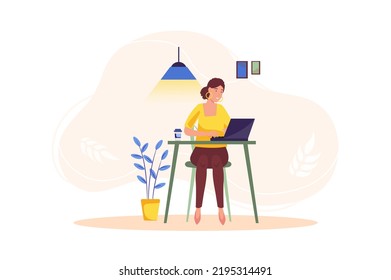 Freelance concept with people scene in the flat cartoon style. Woman accepts project orders and executes them with a free schedule at home. Vector illustration.