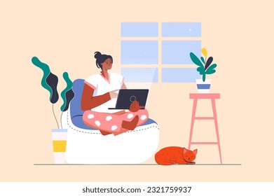 Freelance-Konzept mit Menschen-Szene im flachen Cartoon-Stil. Ein freischaffendes Mädchen arbeitet zu Hause mit einem kostenlosen Stundenplan. Vektorgrafik.