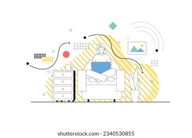 Concepto independiente con escenas de personas en el diseño de caricaturas de línea plana. La niña trabaja como independiente mientras se queda en casa con una laptop. Ilustración vectorial.
