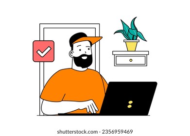 Concepto independiente con escena de personas en diseño web plano. Hombre trabajando en una laptop en casa, terminando tareas laborales y ganando dinero a distancia. Ilustración vectorial para banner de medios sociales, material de marketing.